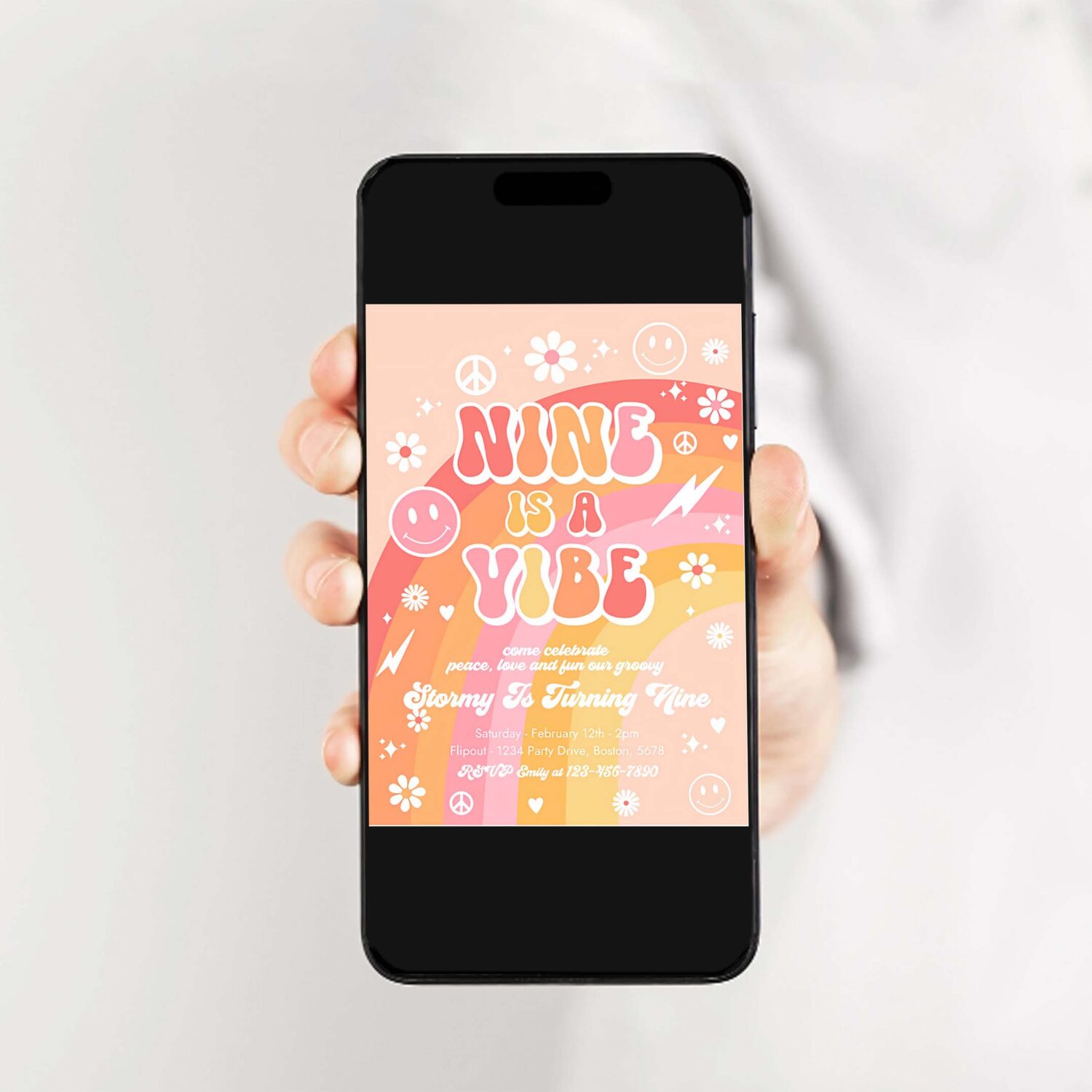 Editable nine is a vibe groovy birthday party invitation peace love party rainbow party hippie groovy 70s 9th birthday 2