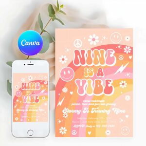 Groovy Invitation, Nine Is A Vibe Groovy Birthday Party Invitation