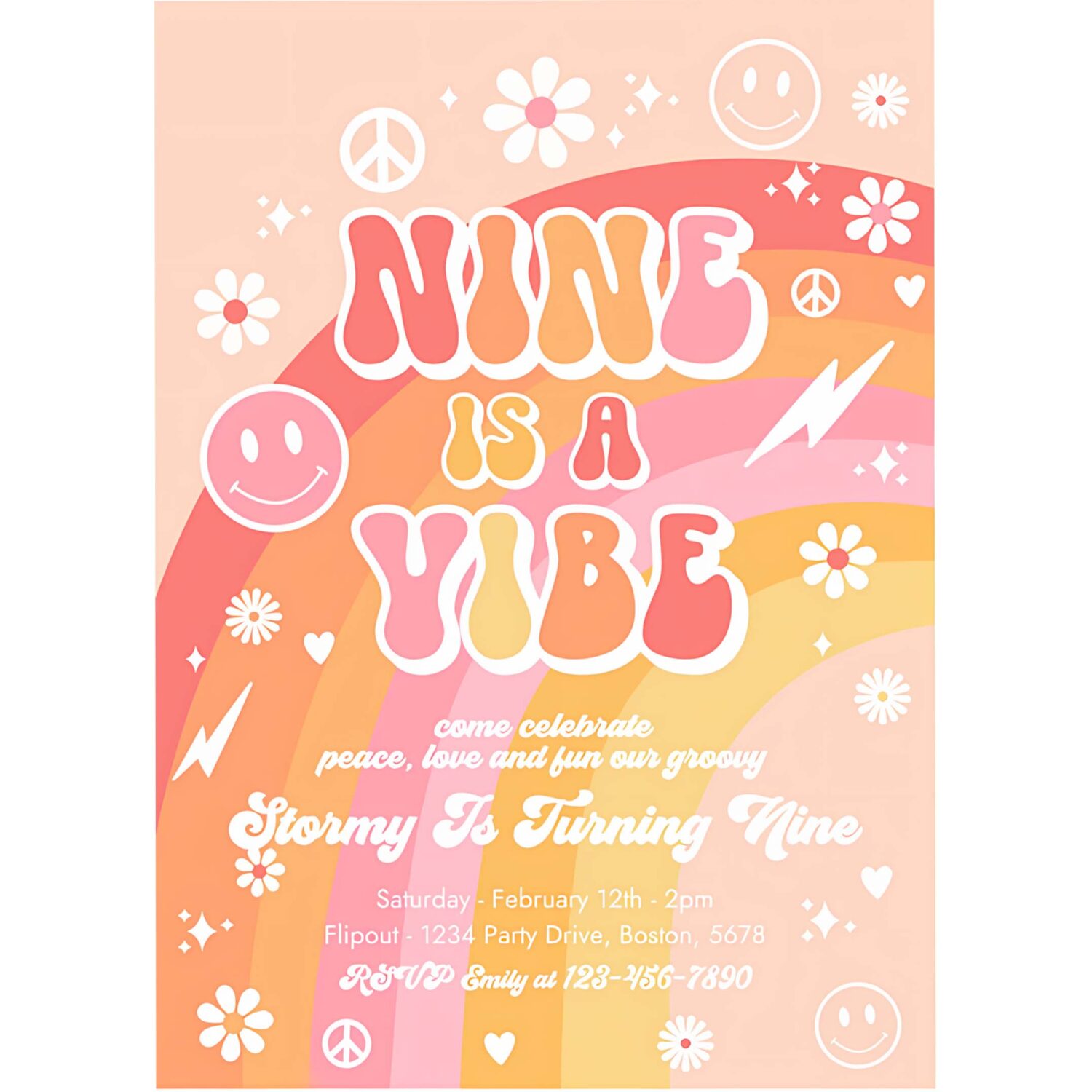Editable nine is a vibe groovy birthday party invitation peace love party rainbow party hippie groovy 70s 9th birthday 4