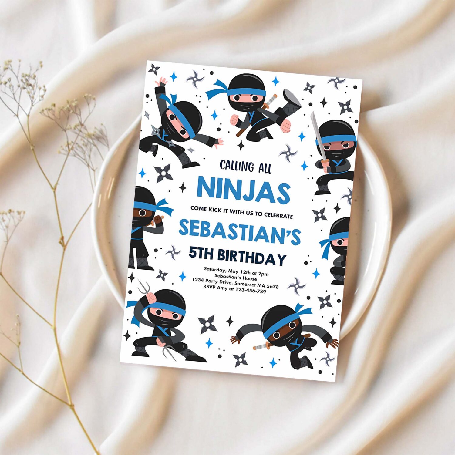 Editable ninja birthday party invitation karate birthday blue invitation warrior birthday party martial arts ninja party 1