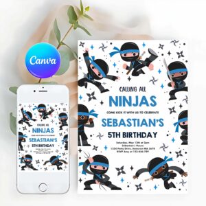 Ninja Invitation, Karate Birthday Blue Invitation Warrior Birthday Party Martial Arts Ninja Party Invitation