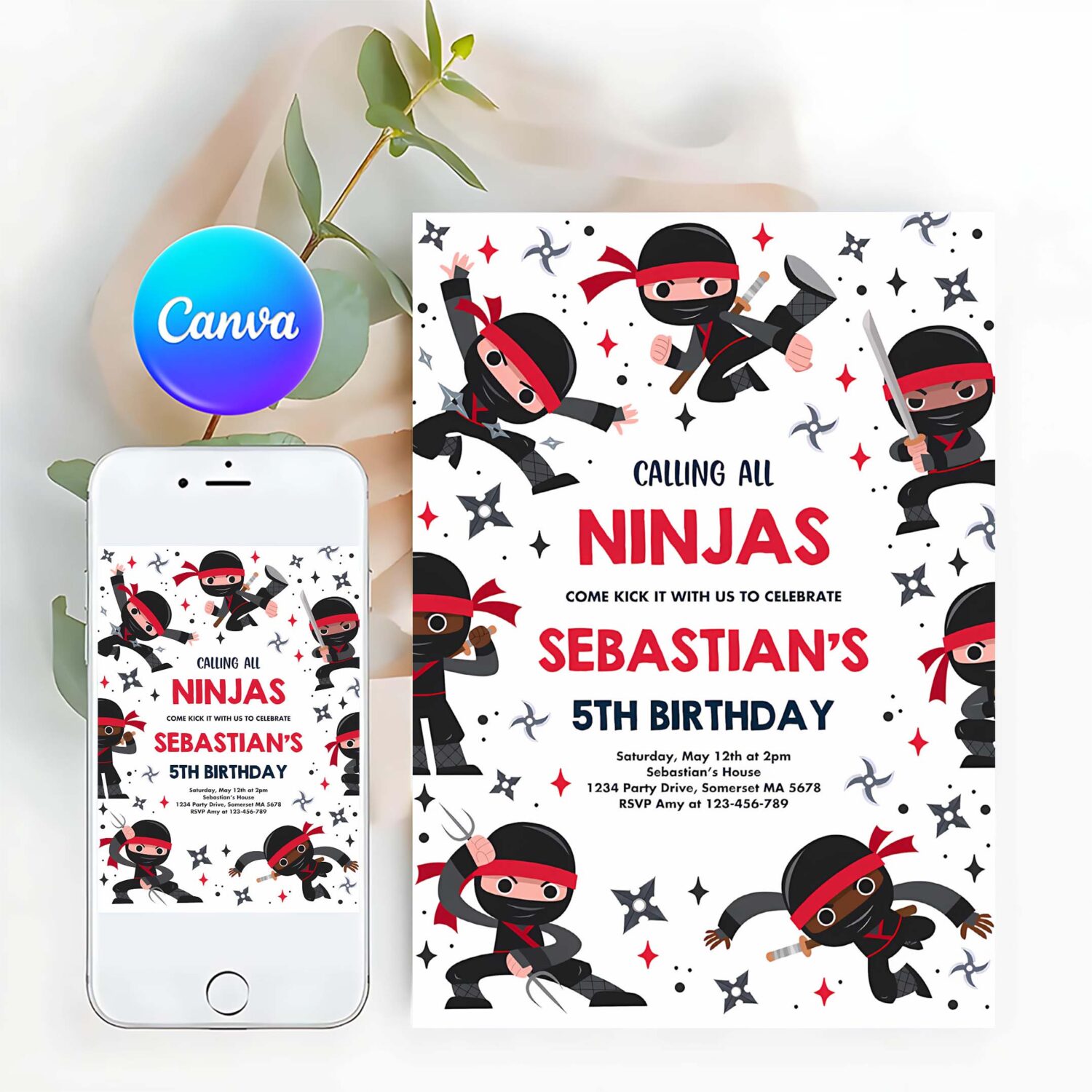 Editable ninja birthday party invitation karate birthday invitation warrior birthday party martial arts ninja red party