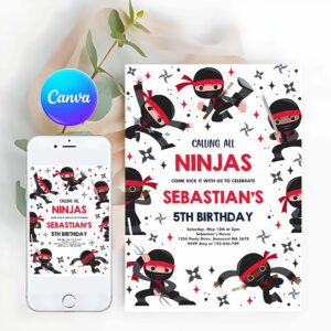 Ninja Invitation, Karate Birthday Invitation Warrior Birthday Party Martial Arts Ninja Red Party Invitation