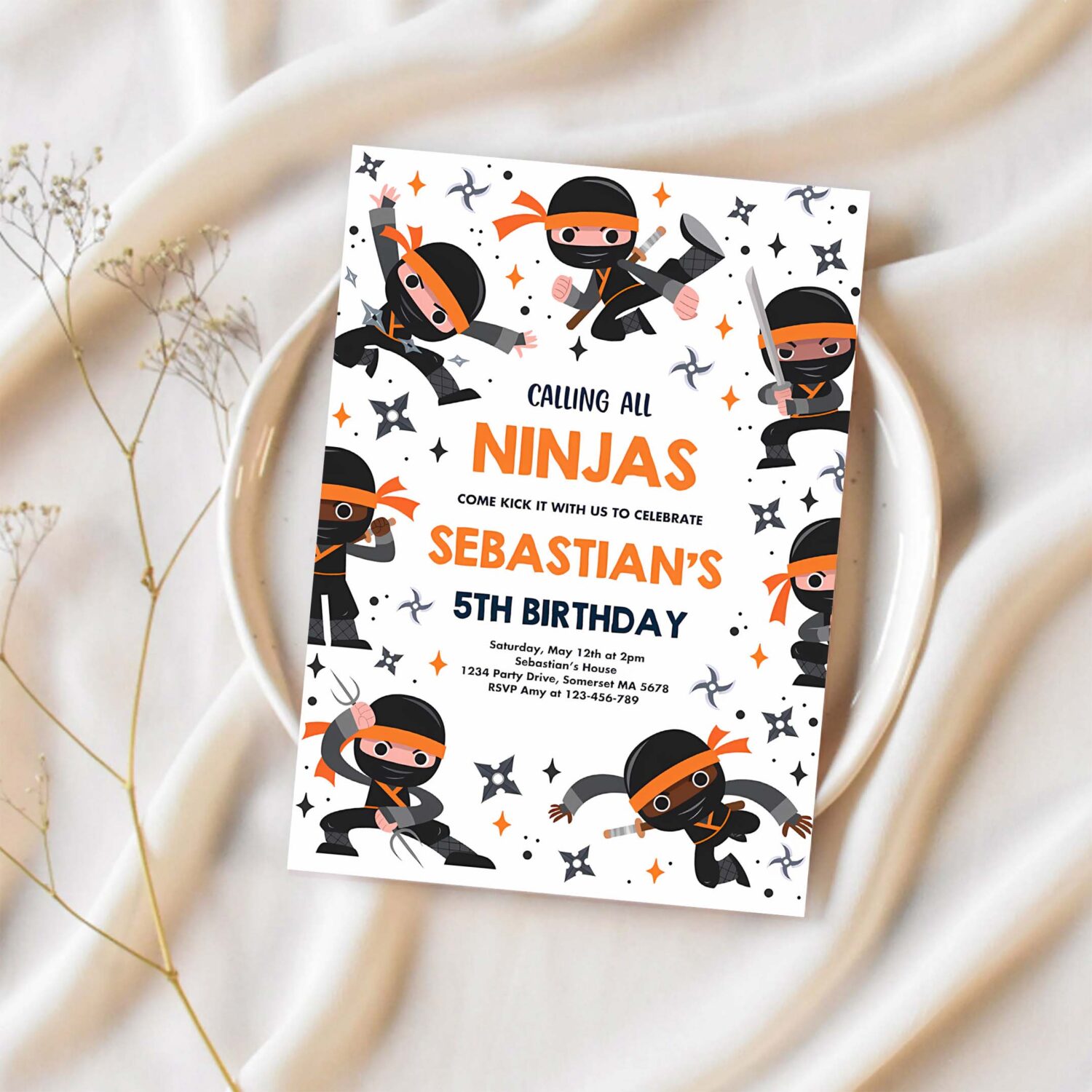 Editable ninja birthday party invitation karate birthday orange invitation warrior birthday party martial arts ninja party 1