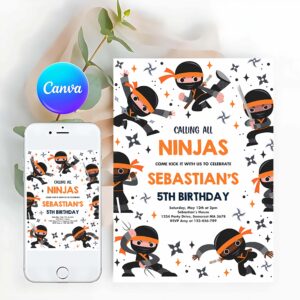 Ninja Invitation, Karate Birthday Orange Invitation Warrior Birthday Party Martial Arts Ninja Party Invitation