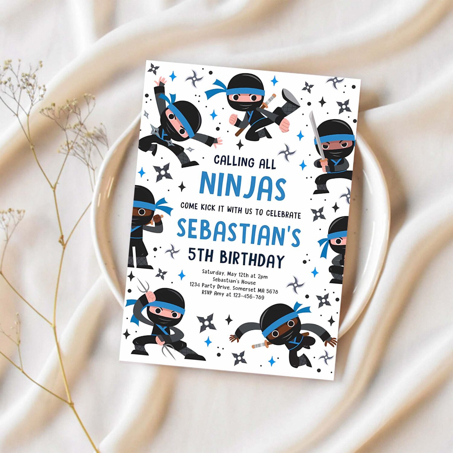 Editable ninja birthday party invitation karate blue birthday invitation warrior birthday party martial arts ninja party instant download cr4 1