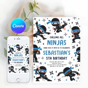 Ninja Invitation, Karate Blue Birthday Invitation, Warrior Birthday Party, Martial Arts Ninja Party Invitation