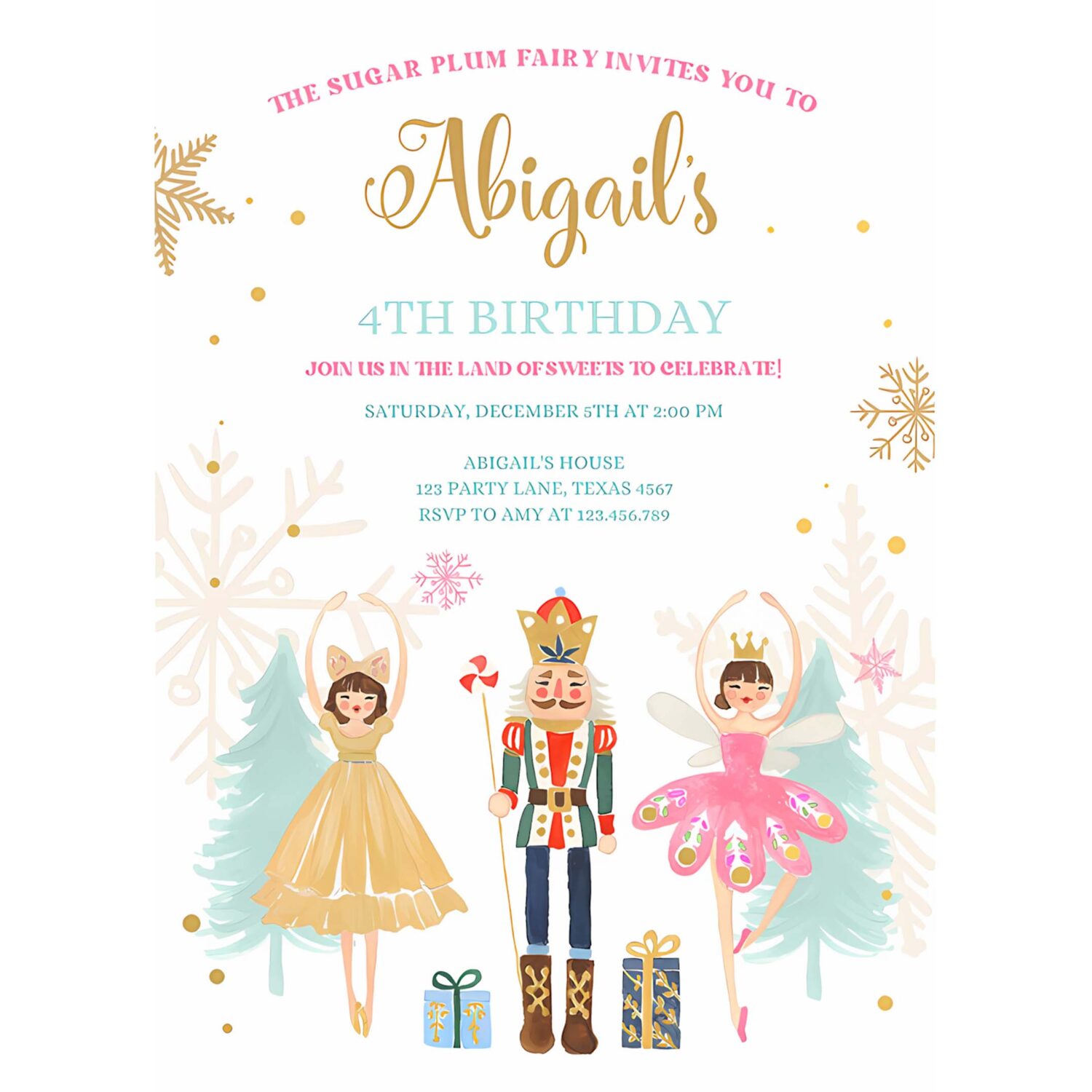 Editable nutcracker birthday invitation ballet christmas birthday invite pink girl sugar plum fairy download printable template corjl 0352 4