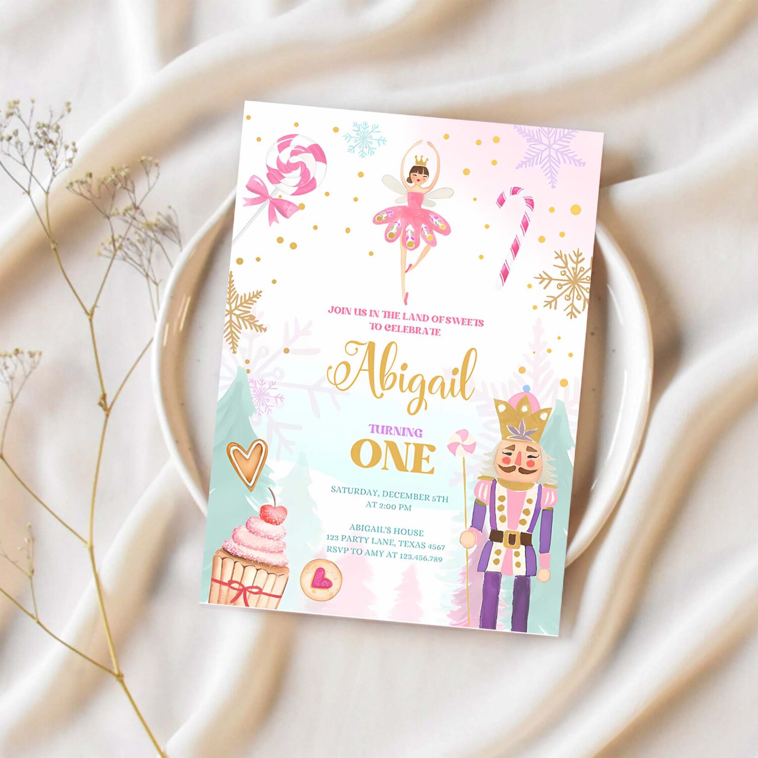 Editable nutcracker birthday invitation girl land of sweets invite winter pink girl sugar plum fairy download printable template corjl 0352 1