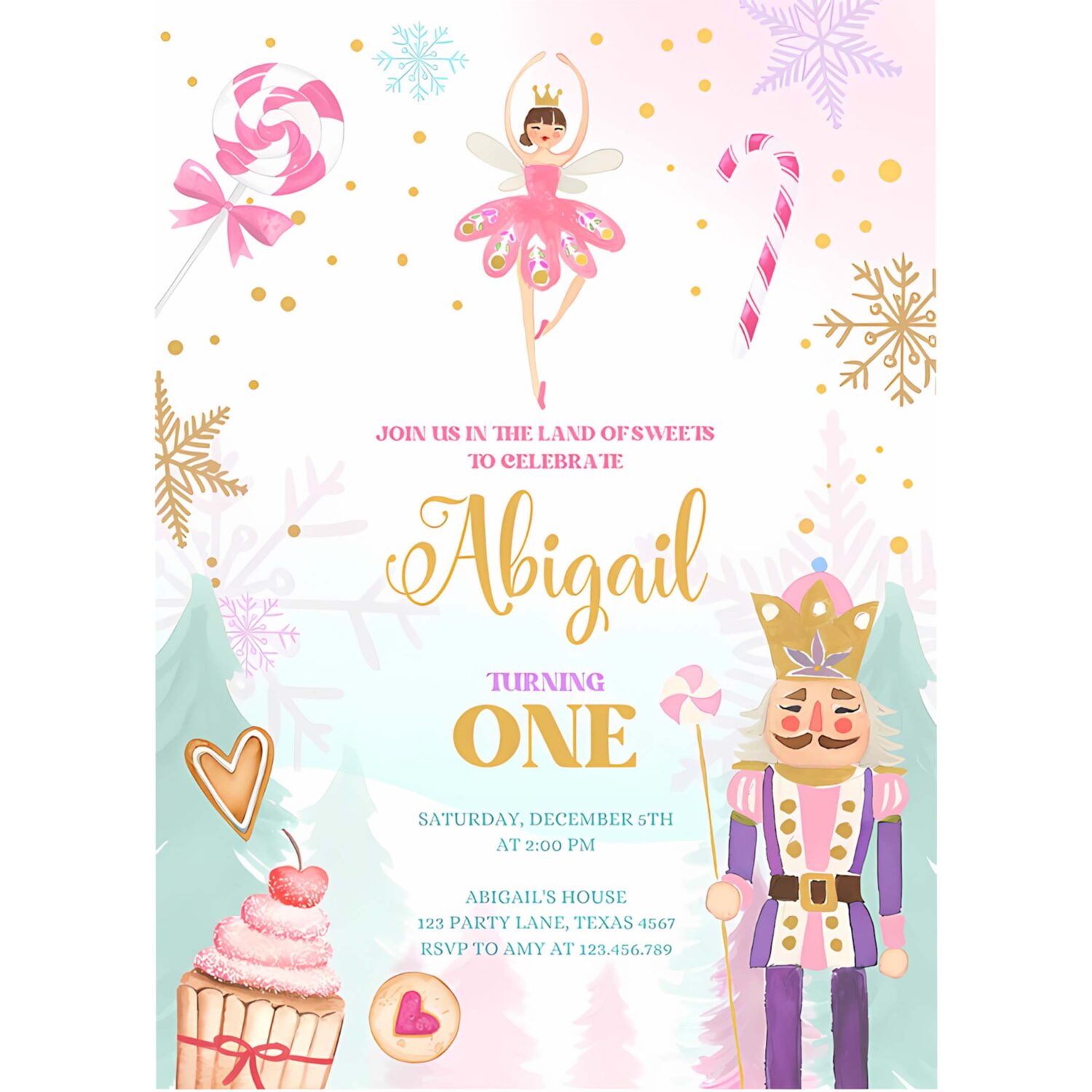 Editable nutcracker birthday invitation girl land of sweets invite winter pink girl sugar plum fairy download printable template corjl 0352 4