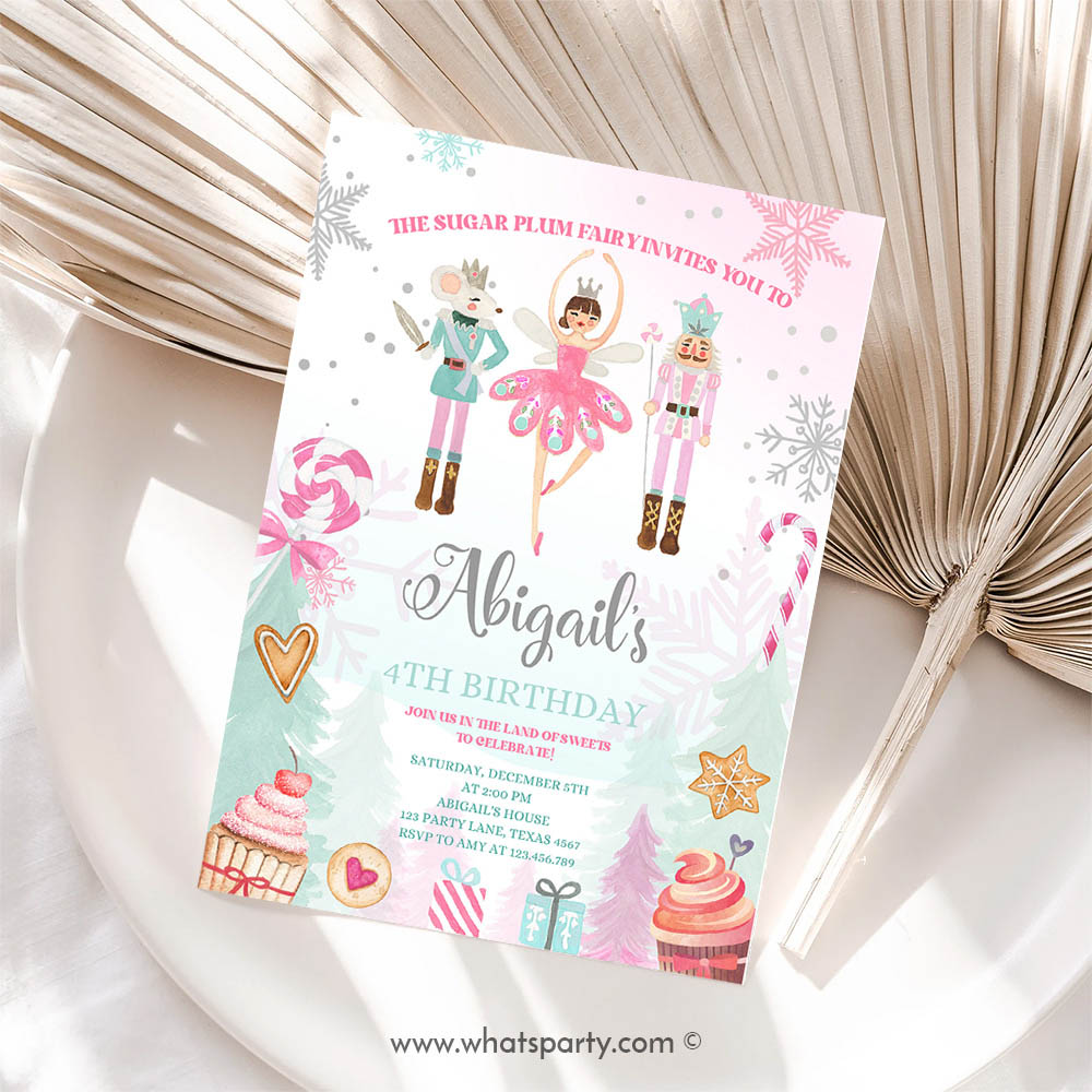 Editable Nutcracker Birthday Invite Girl Land of Sweets Invite Winter Pink Girl Sugar Plum Fairy Download Printable Template Corjl