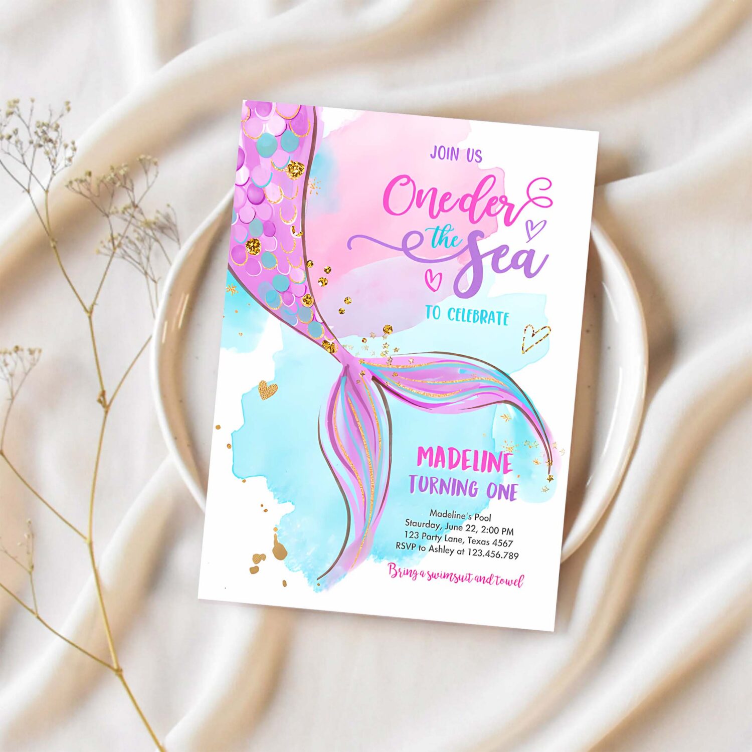 Editable oneder the sea birthday party invitation mermaid first birthday girl 1st birthday pink gold download printable template corjl 0403 1
