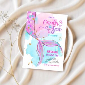 Editable oneder the sea birthday party invitation mermaid first birthday girl 1st birthday pink gold download printable template corjl 0403 1