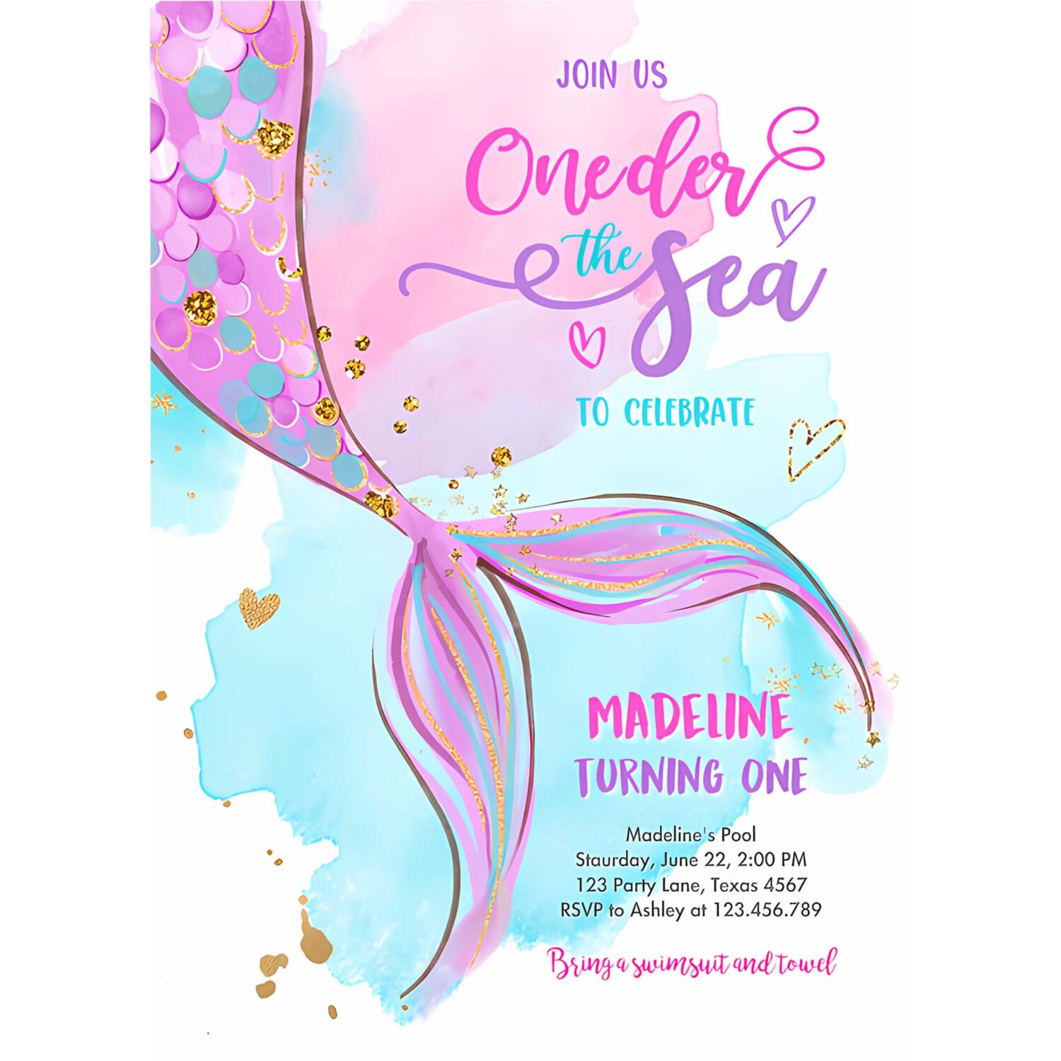 Editable oneder the sea birthday party invitation mermaid first birthday girl 1st birthday pink gold download printable template corjl 0403 4