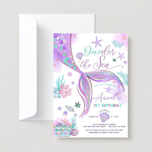 Editable oneder the sea mermaid purple teal first 1st mermaid birthday little mermaid invite printable template 2
