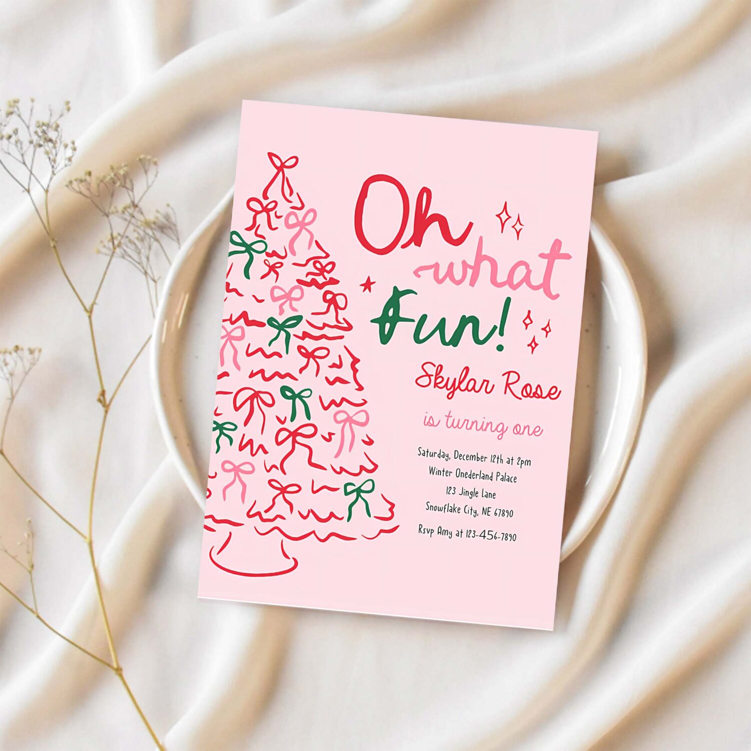 Editable oh what fun birthday party invitation pink red christmas tree bow birthday party coquette bow holiday party instant download jj9 1