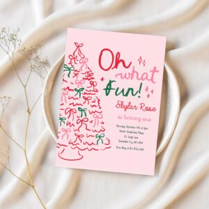 Editable oh what fun birthday party invitation pink red christmas tree bow birthday party coquette bow holiday party instant download jj9 1