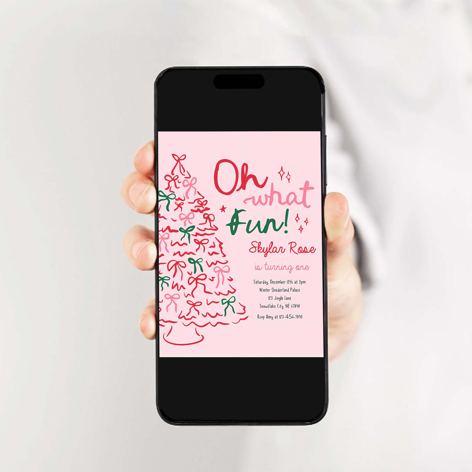 Editable oh what fun birthday party invitation pink red christmas tree bow birthday party coquette bow holiday party instant download jj9 2