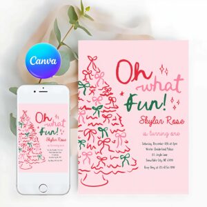 Oh What Fun Invitation, Oh What Fun Birthday Party Invitation Pink & Red Christmas Tree Bow Birthday Party Coquette Bow Holiday Party