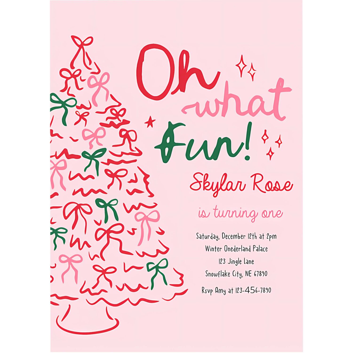 Editable oh what fun birthday party invitation pink red christmas tree bow birthday party coquette bow holiday party instant download jj9 4