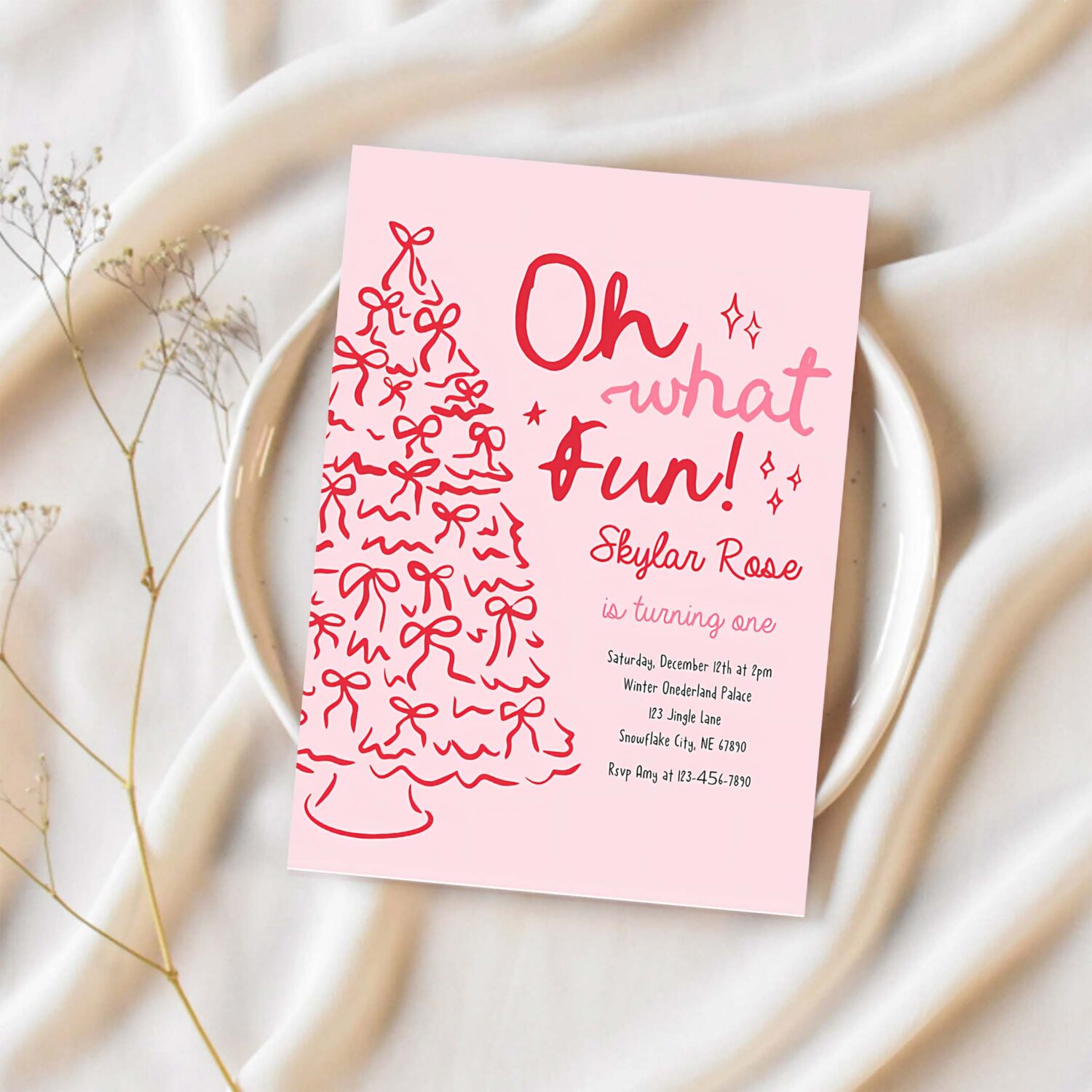 Editable oh what fun birthday party pink red christmas tree bow birthday party coquette bow holiday party instant download jj9 1