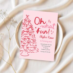 Editable oh what fun birthday party pink red christmas tree bow birthday party coquette bow holiday party instant download jj9 1
