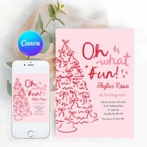 Oh What Fun Invitation, Oh What Fun Birthday Party Pink Red Christmas Tree Bow Birthday Party Coquette Bow Holiday Party