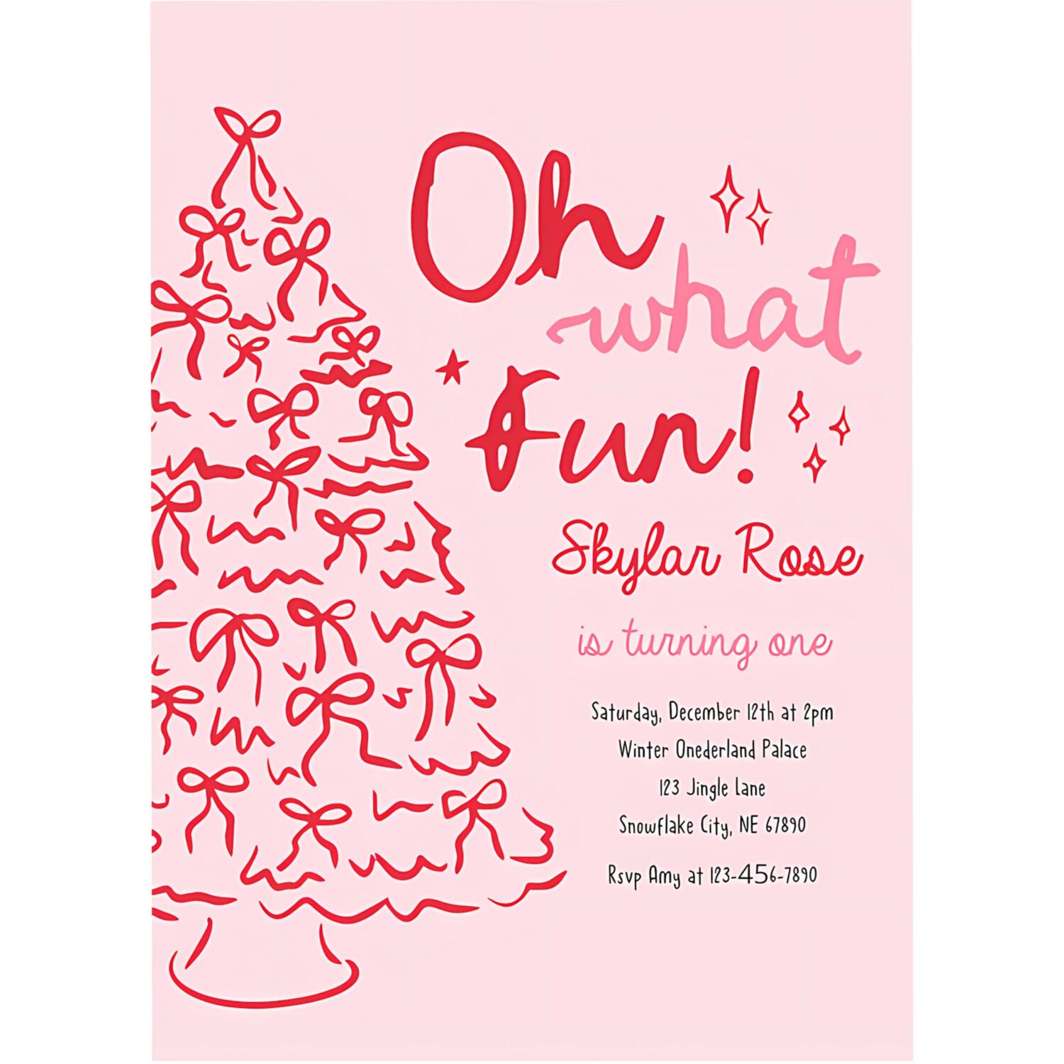 Editable oh what fun birthday party pink red christmas tree bow birthday party coquette bow holiday party instant download jj9 4