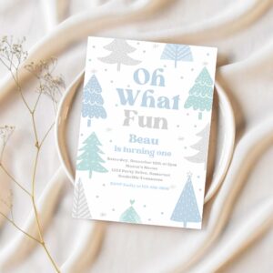 Editable oh what fun christmas birthday party invitation blue christmas tree winter onederland wonderland birthday instant download eq4 1