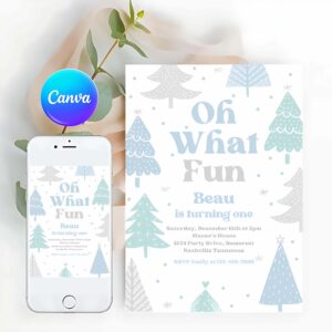 Winter Invitation, Oh What Fun Christmas Birthday Party Invitation Blue Christmas Tree Winter Onederland Wonderland Birthday