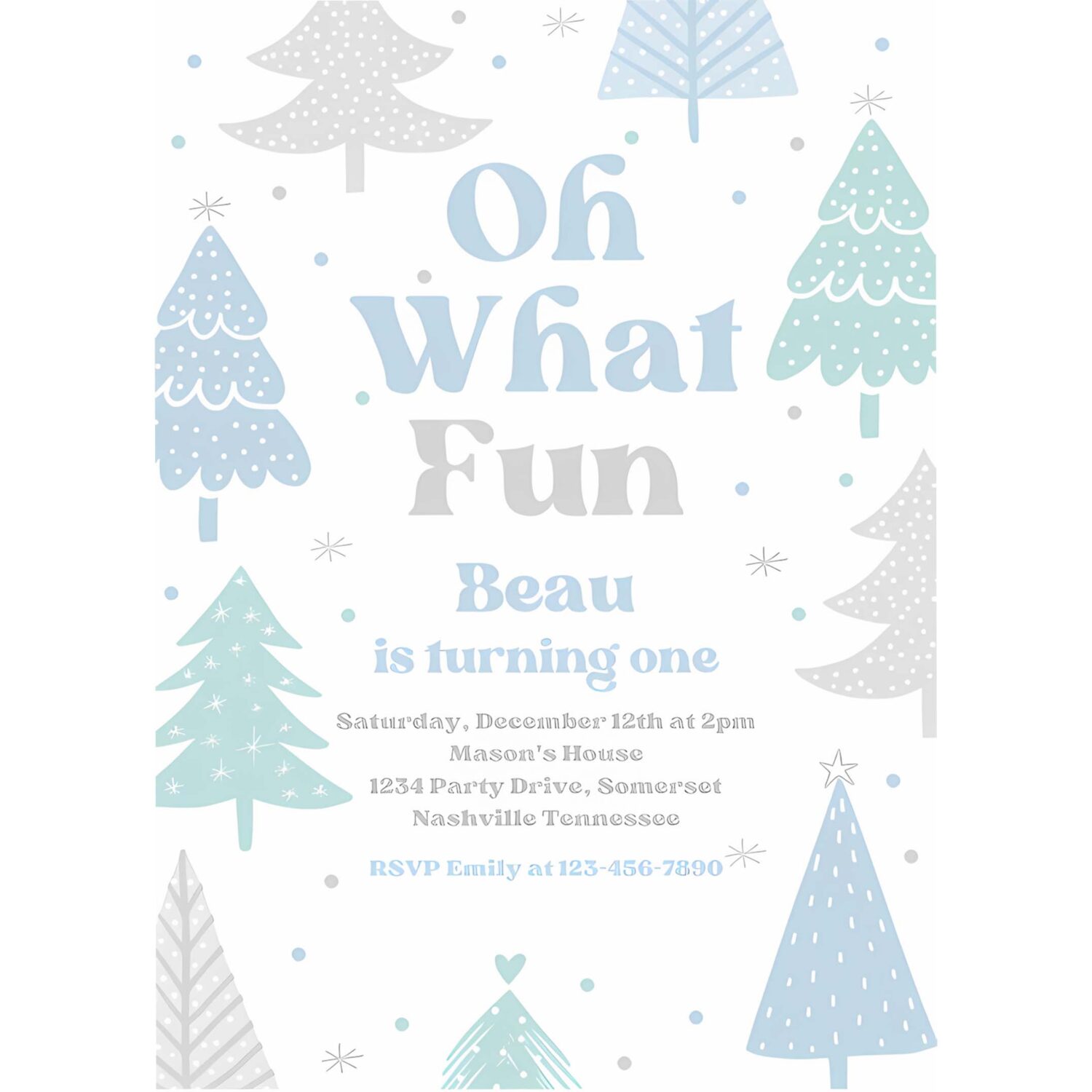 Editable oh what fun christmas birthday party invitation blue christmas tree winter onederland wonderland birthday instant download eq4 4