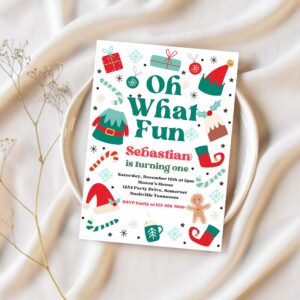Editable oh what fun christmas birthday party invitation christmas elf birthday party best time of year birthday party instant download e23 1