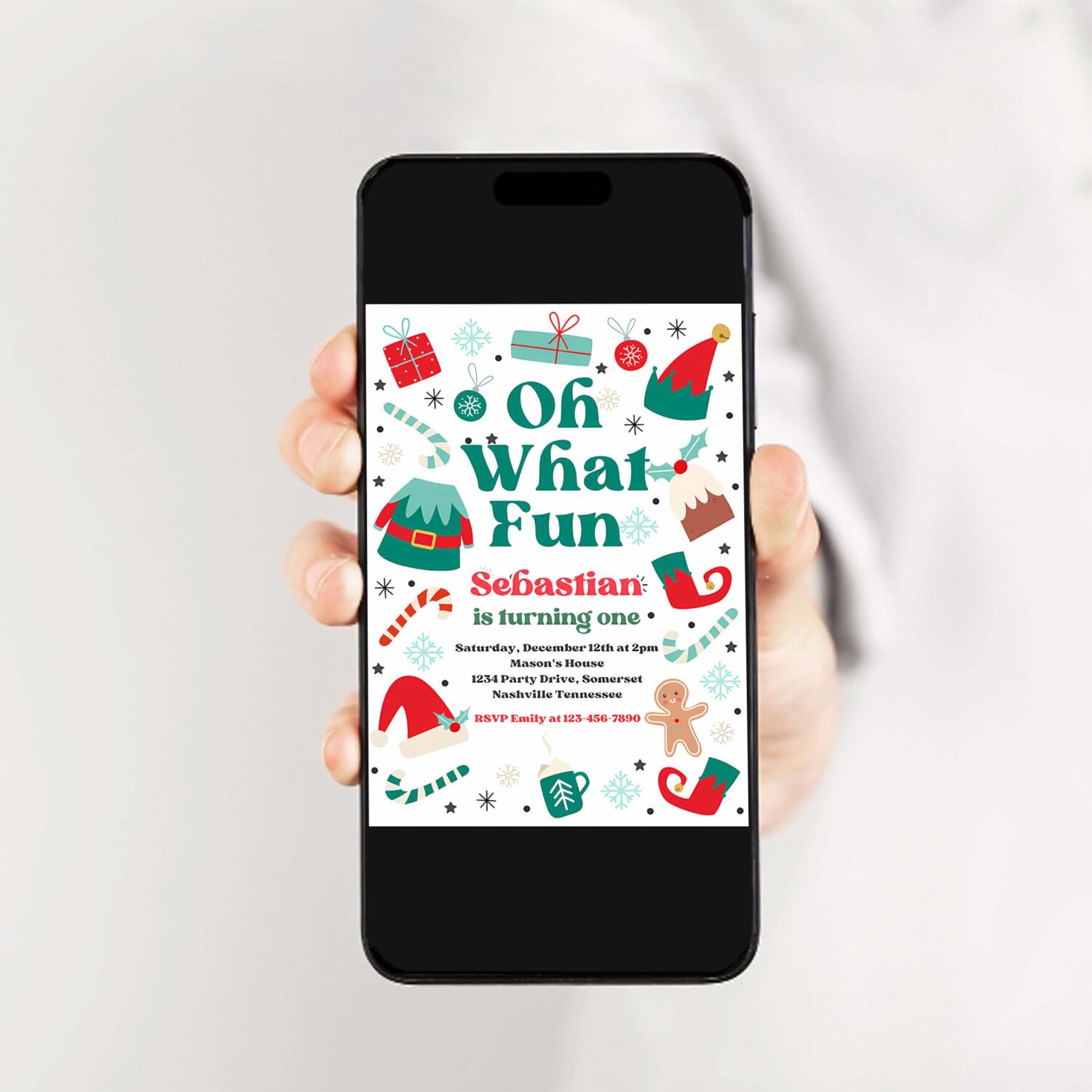 Editable oh what fun christmas birthday party invitation christmas elf birthday party best time of year birthday party instant download e23 2