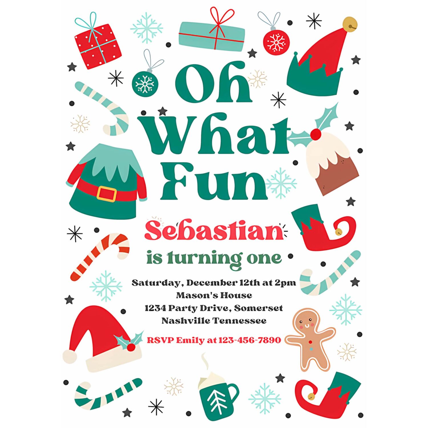 Editable oh what fun christmas birthday party invitation christmas elf birthday party best time of year birthday party instant download e23 4