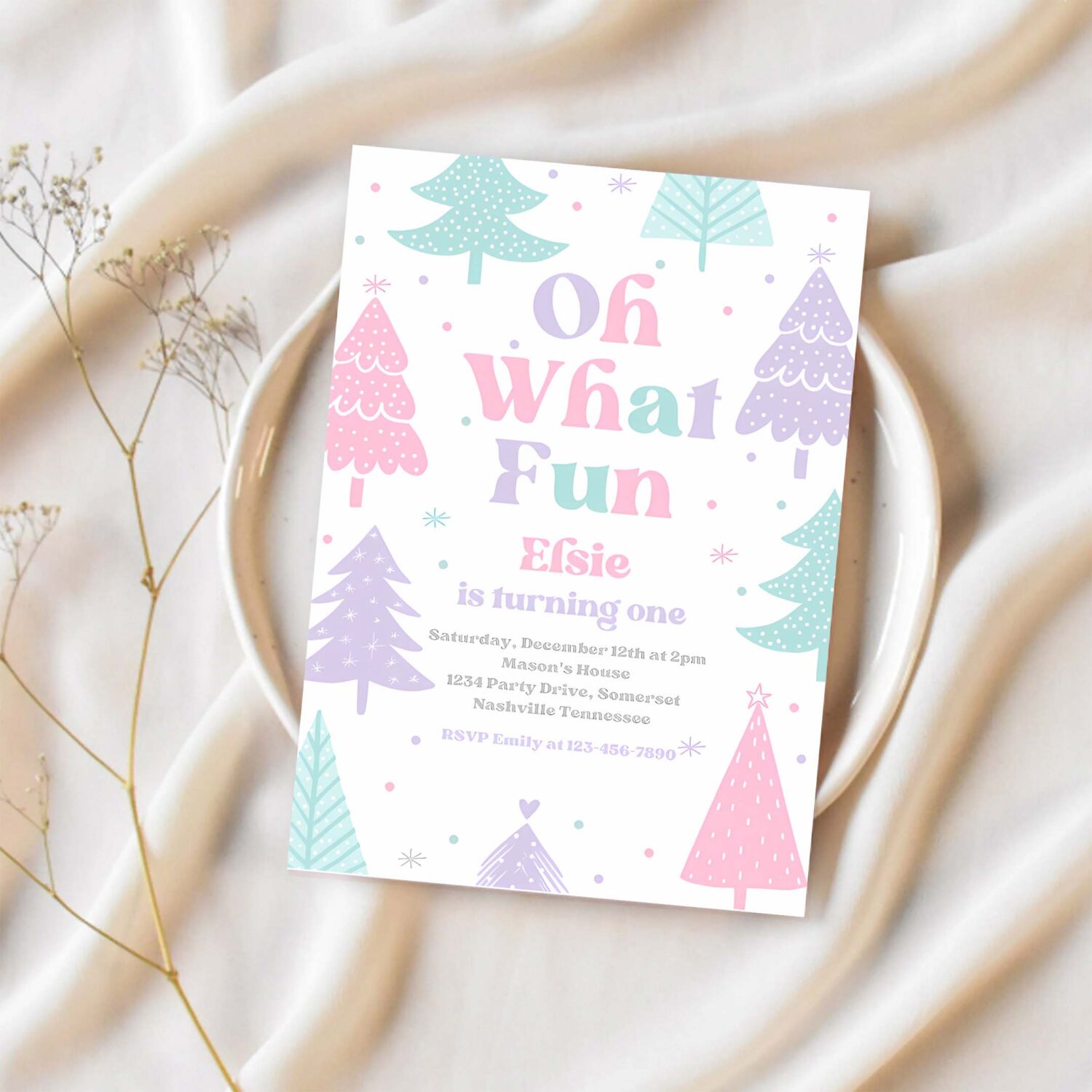 Editable oh what fun christmas birthday party invitation pink christmas tree winter onederland wonderland birthday instant download eq1 1