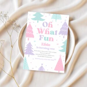 Editable oh what fun christmas birthday party invitation pink christmas tree winter onederland wonderland birthday instant download eq1 1