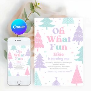 Winter Invitation, Oh What Fun Christmas Birthday Party Invitation Pink Christmas Tree Winter Onederland Wonderland Birthday