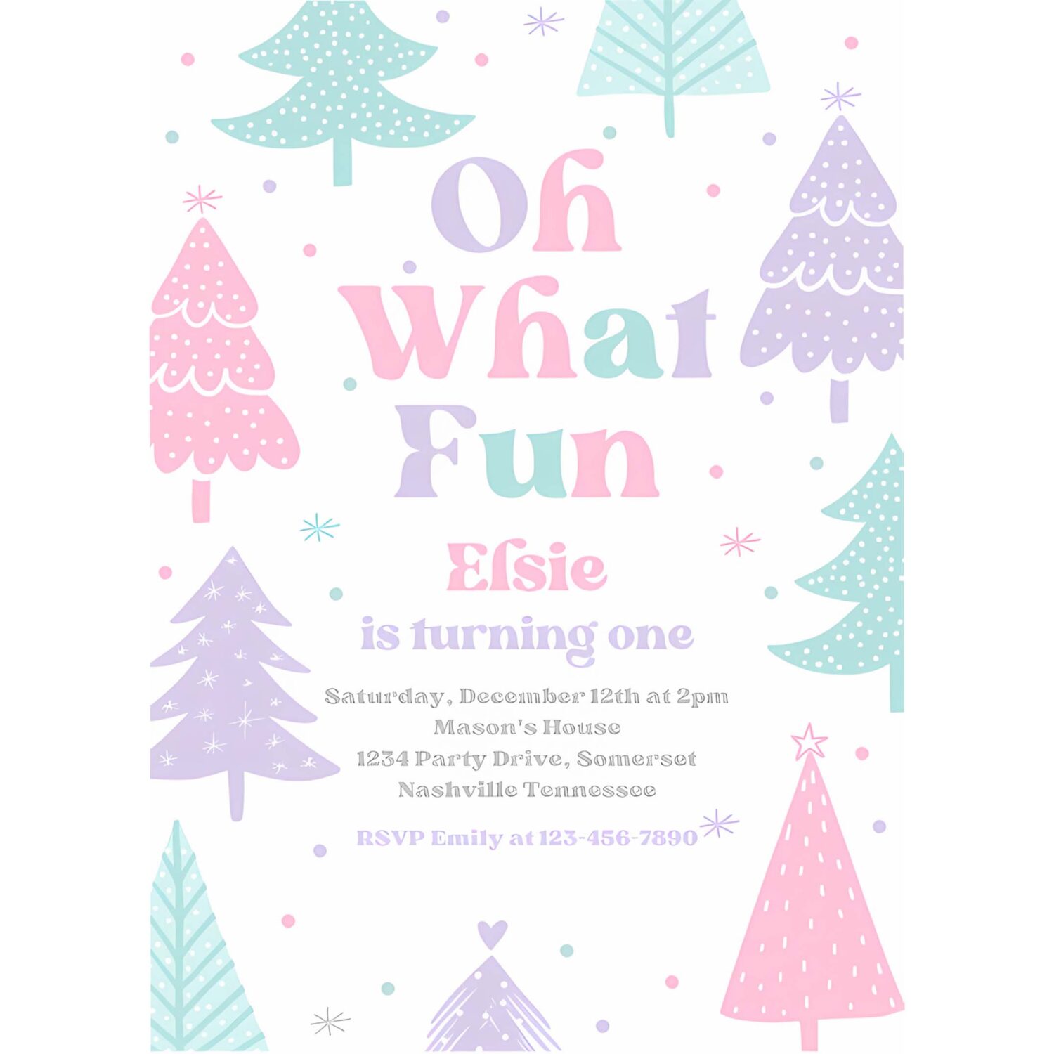 Editable oh what fun christmas birthday party invitation pink christmas tree winter onederland wonderland birthday instant download eq1 4