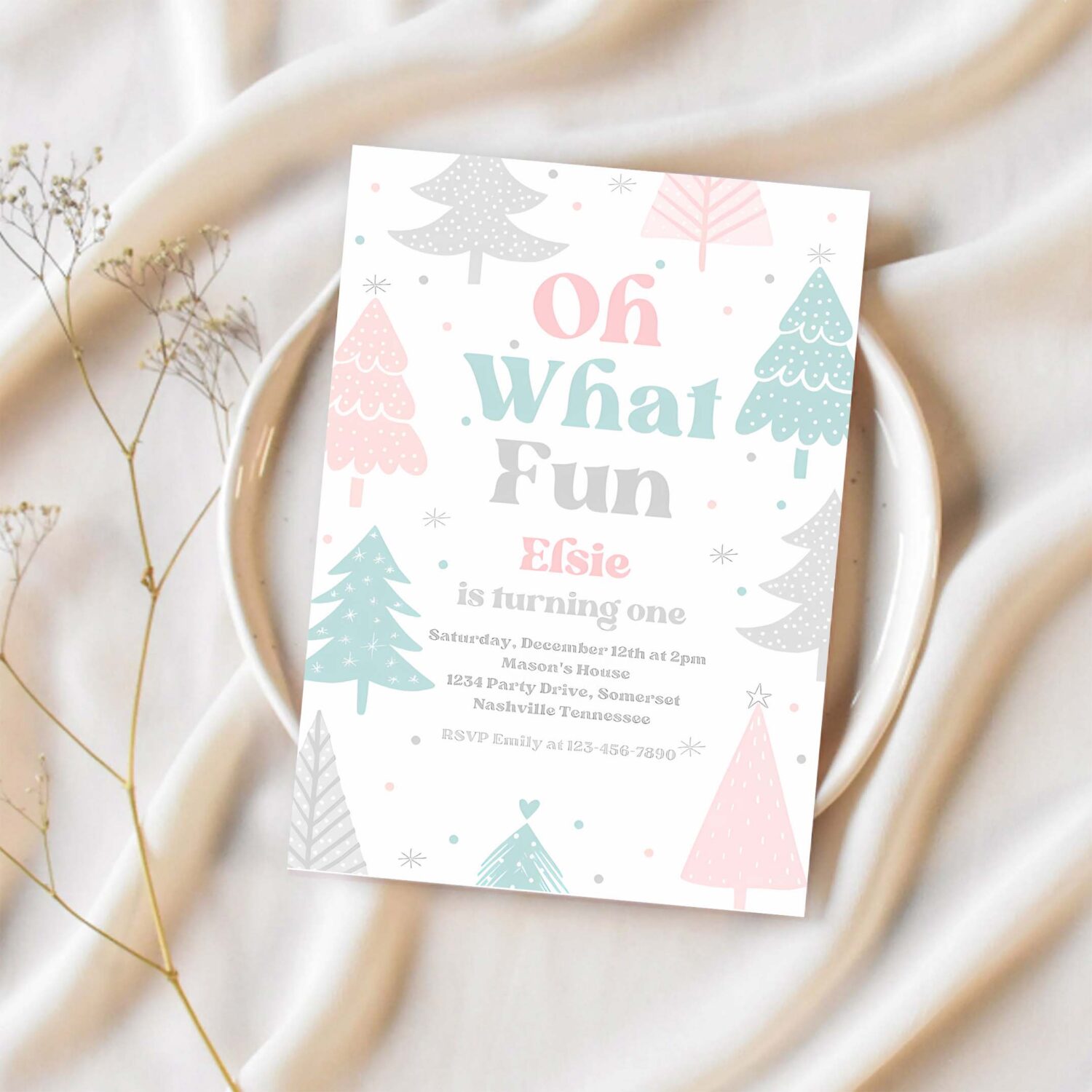 Editable oh what fun christmas birthday party invitation pink christmas tree winter onederland wonderland birthday instant download eq3 1