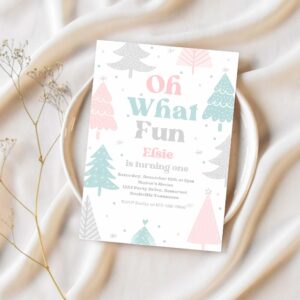Editable oh what fun christmas birthday party invitation pink christmas tree winter onederland wonderland birthday instant download eq3 1