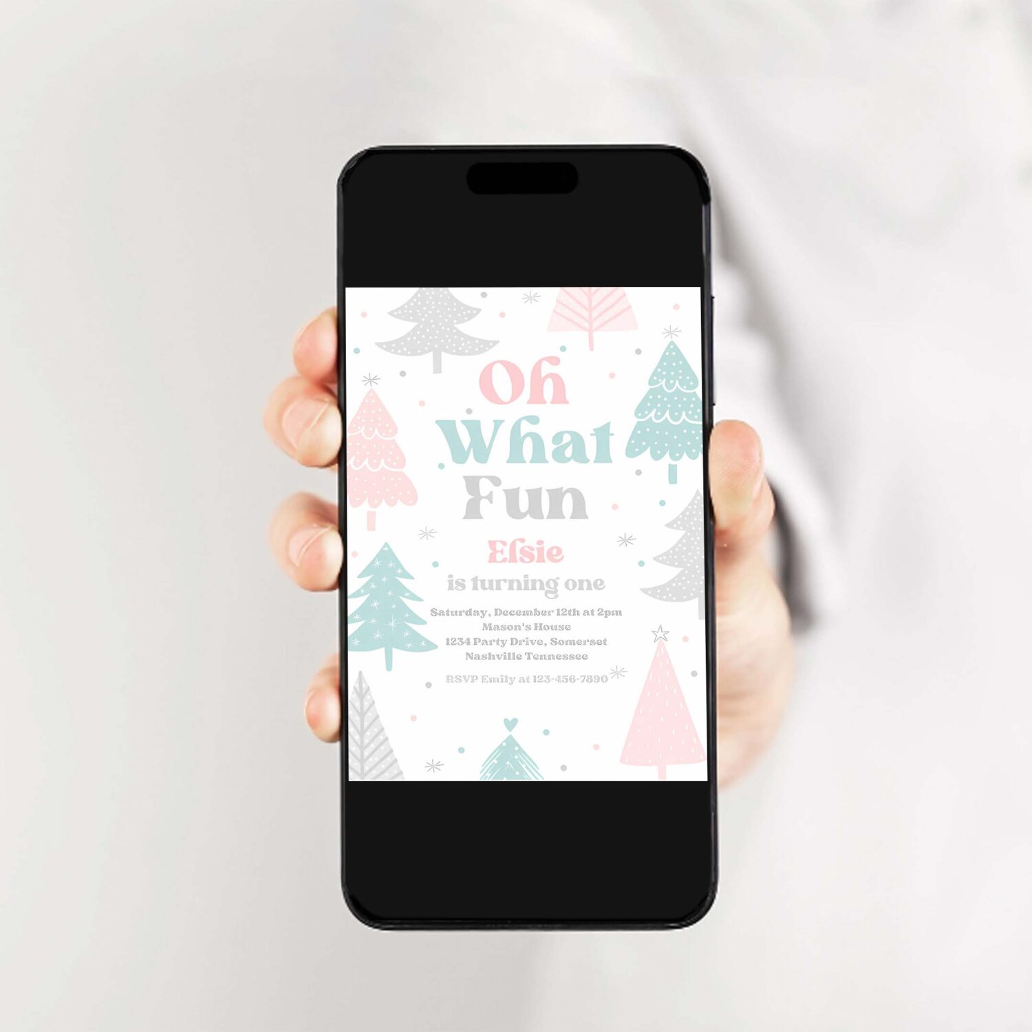 Editable oh what fun christmas birthday party invitation pink christmas tree winter onederland wonderland birthday instant download eq3 2