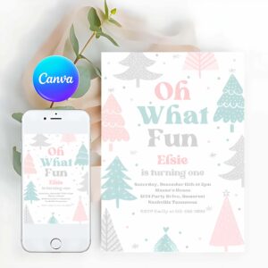 Winter Invitation, Oh What Fun Christmas Birthday Party Invitation Pink Christmas Tree Winter Onederland Wonderland Birthday