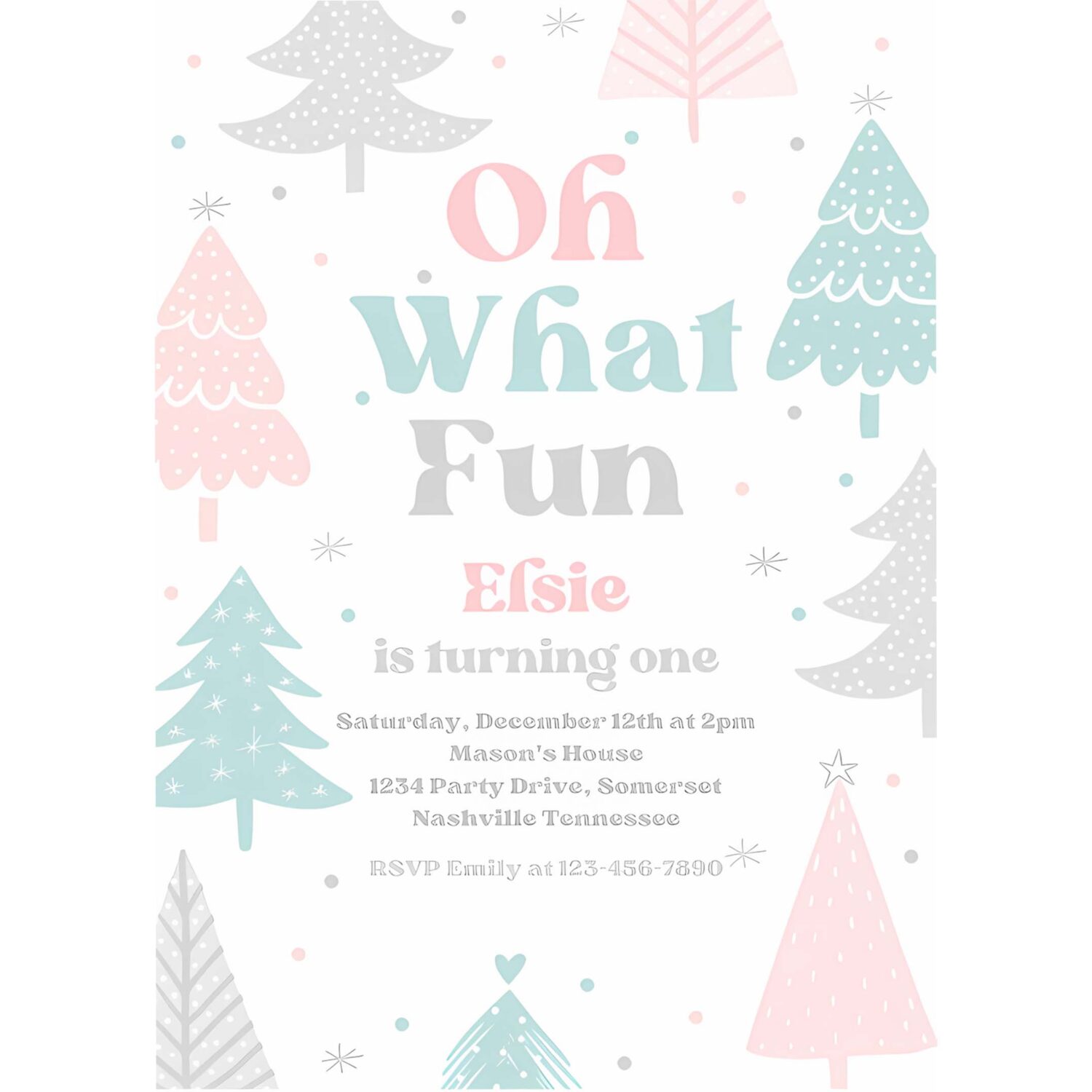 Editable oh what fun christmas birthday party invitation pink christmas tree winter onederland wonderland birthday instant download eq3 4