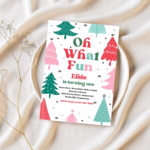 Editable oh what fun christmas birthday party invitation red christmas tree winter onederland wonderland birthday instant download eq2 1