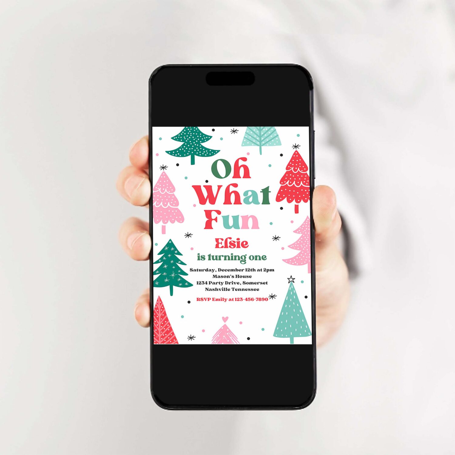 Editable oh what fun christmas birthday party invitation red christmas tree winter onederland wonderland birthday instant download eq2 2