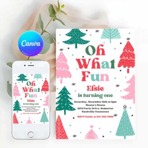 Winter Invitation, Oh What Fun Christmas Birthday Party Invitation Red Christmas Tree Winter Onederland Wonderland Birthday