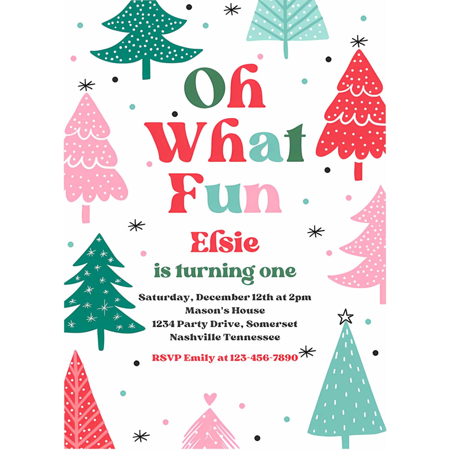 Editable oh what fun christmas birthday party invitation red christmas tree winter onederland wonderland birthday instant download eq2 4