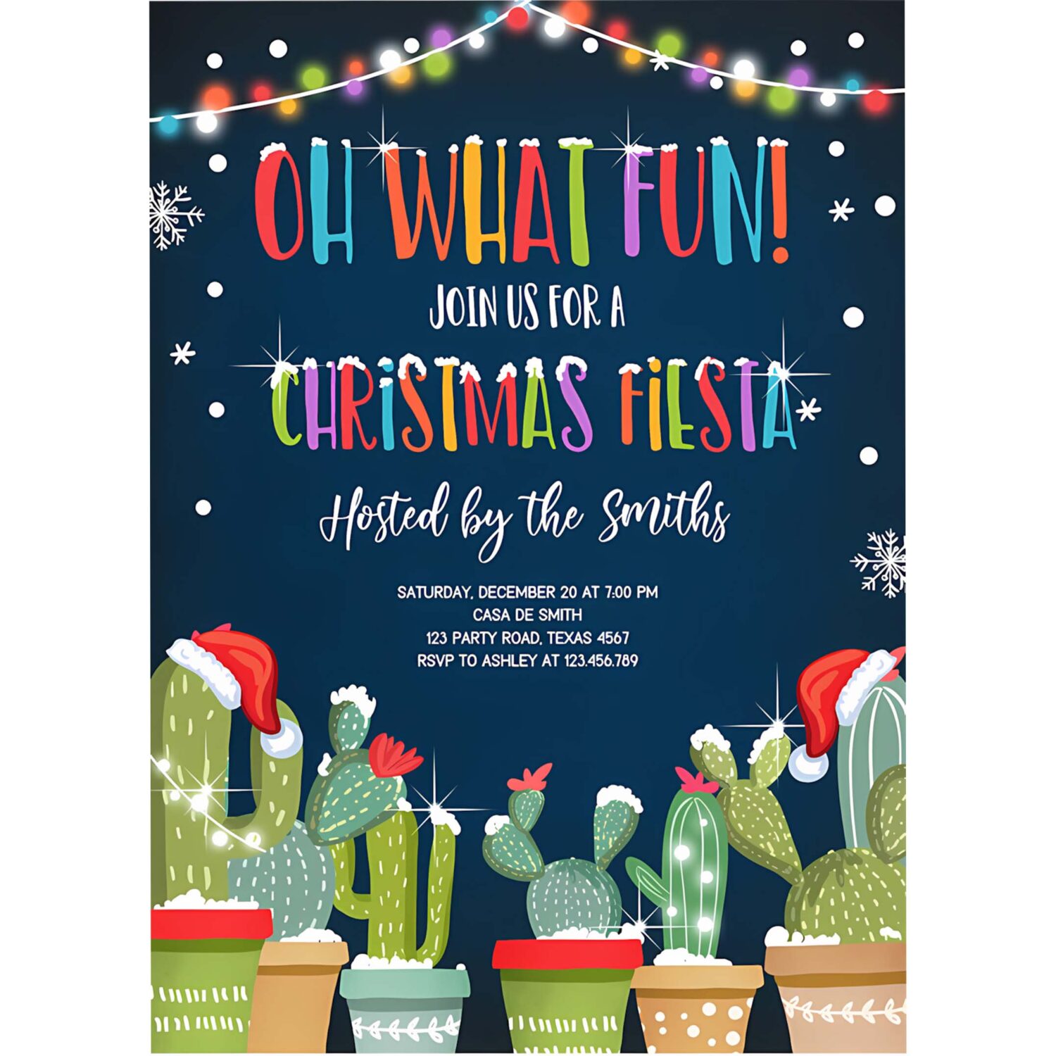 Editable oh what fun christmas fiesta invitation cactus mexican holiday feliz navidad invite digital printable corjl template 0273 4