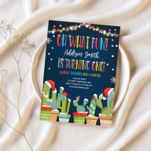 Editable oh what fun christmas fiesta invitation first birthday 1st cactus mexican holiday feliz navidad printable corjl template 0273 1