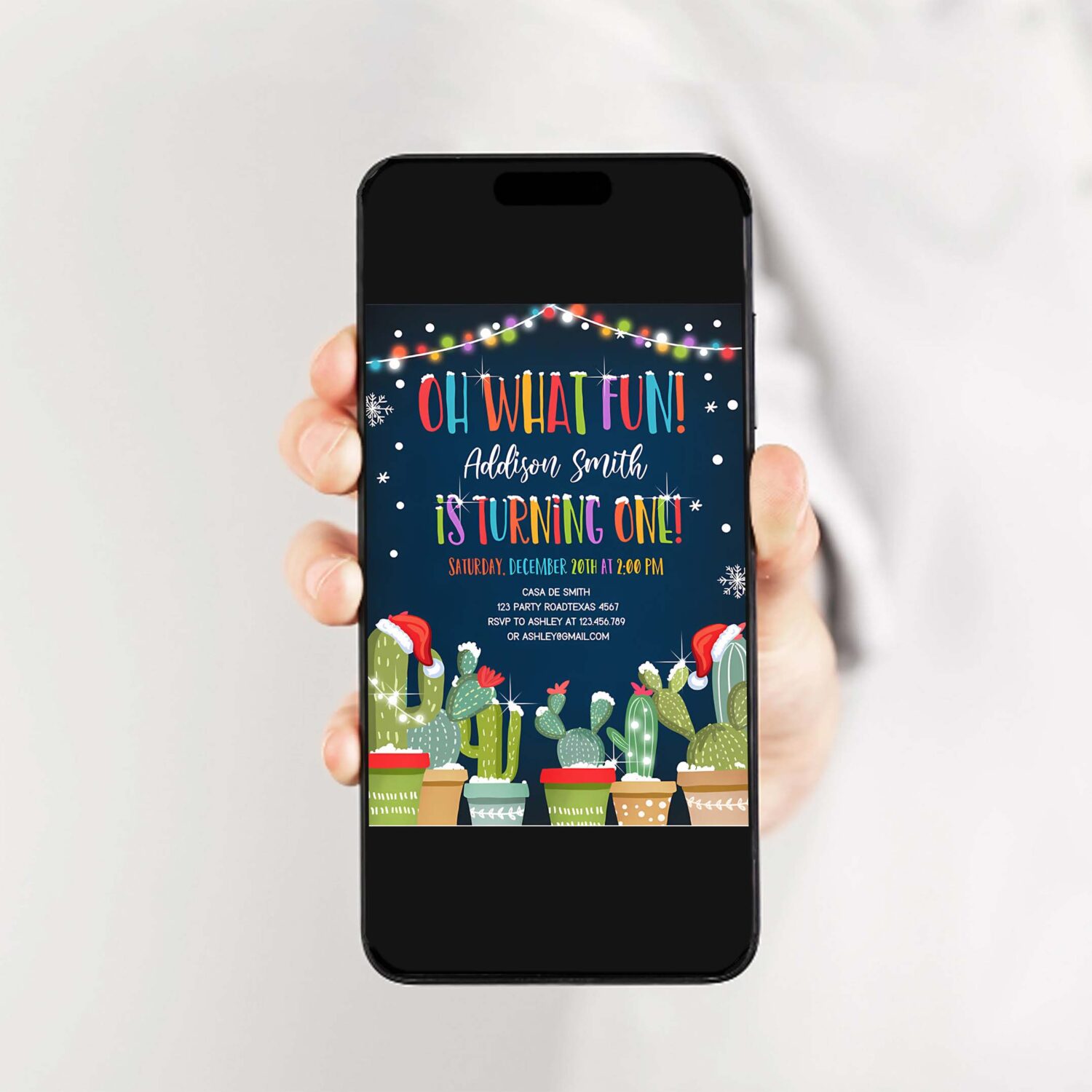 Editable oh what fun christmas fiesta invitation first birthday 1st cactus mexican holiday feliz navidad printable corjl template 0273 2